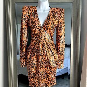 MERAKI OFFICIAL Stevie Orange Leopard Print V-Neck Mini Dress Size 8